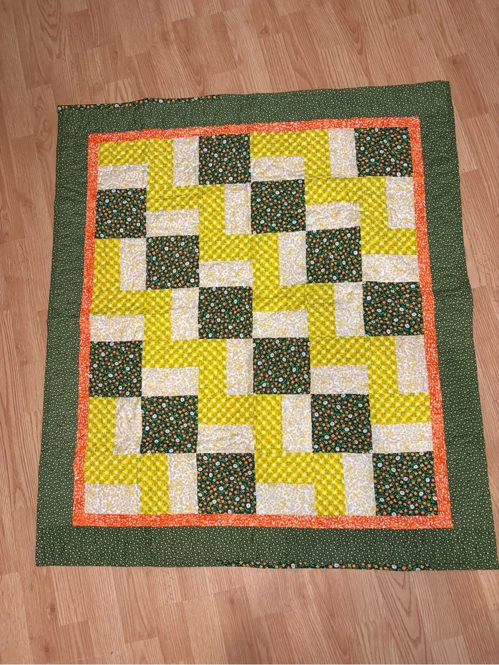 Handmade Yellow Green Patchwork Quilt Orange Floral Vines 36